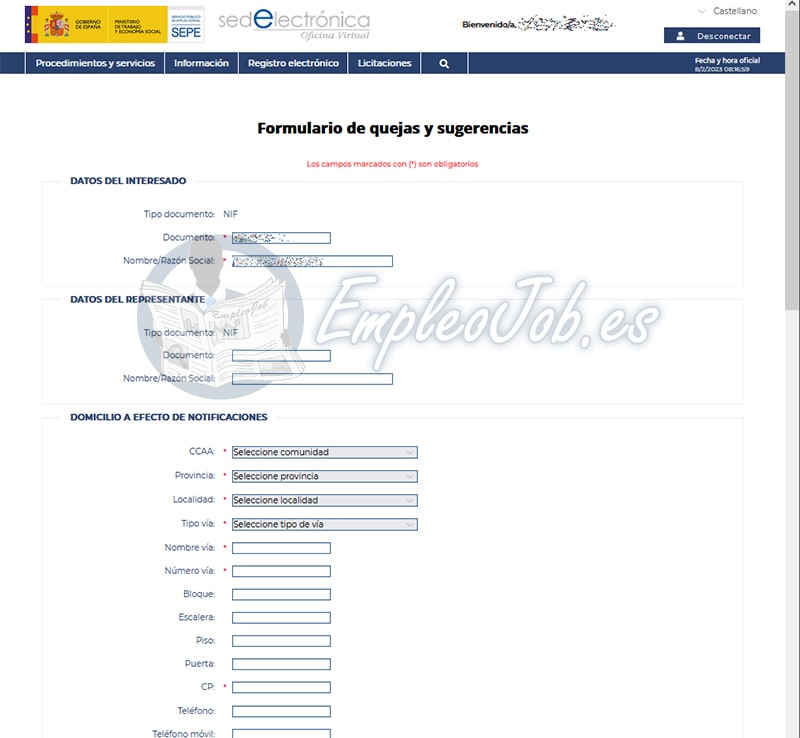 formulario quejas y sugerencias sepe 