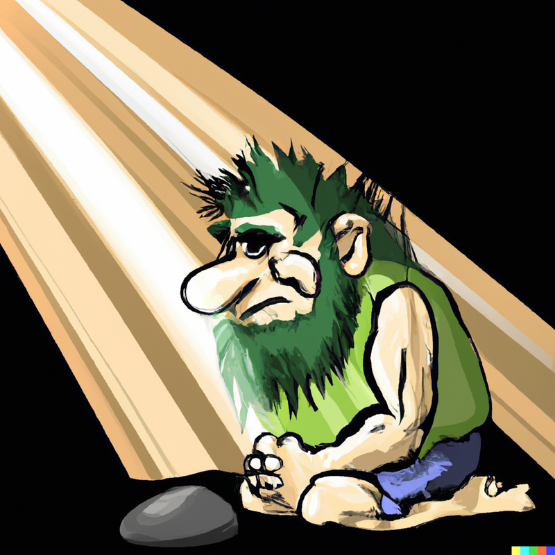DALL·E 2024-03-21 09.56.30 - a cartoon of a troll on his knees praying with a ray of light shining d