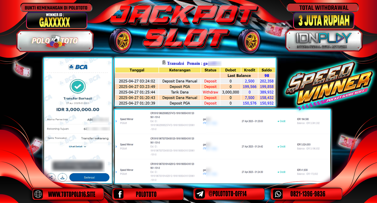 POLOTOTO JACKPOT SLOT SPEED WINNER Rp.3.000.000,-