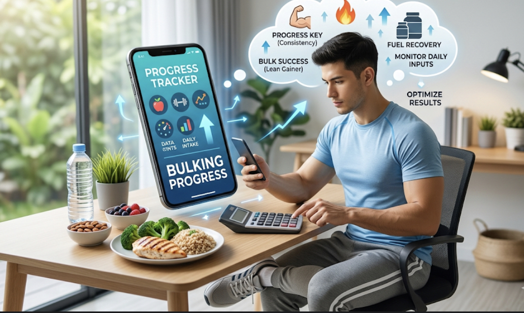 Person using tracking spreadsheet or notebook for bulking progress with weight and measurement logs, showing how to track bulking progress correctly