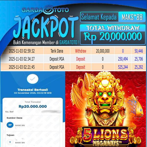 JACKPOT DI PERMAINAN 5 Lions Megaways WD Rp 20,000,000,- DIBAYAR LUNAS GARDATOTO MANTAP !