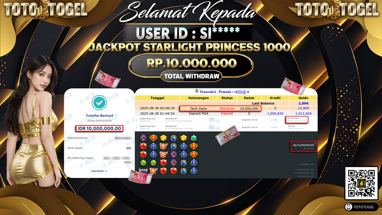 Bukti Pembayaran Jackpot Permainan Slot Starlight Princess 1000 ID:SI***** LUNAS