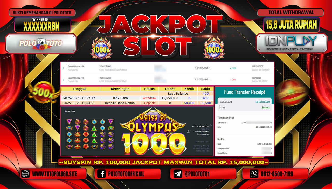POLOTOTO JACKPOT SLOT GATES OF OLYMPUS 1000 Rp.15.800.000,- LUNAS