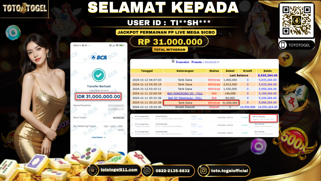 Bukti Pembayaran Jackpot Permainan PP Live Mega Sicbo  ID: TI**SH*** LUNAS 