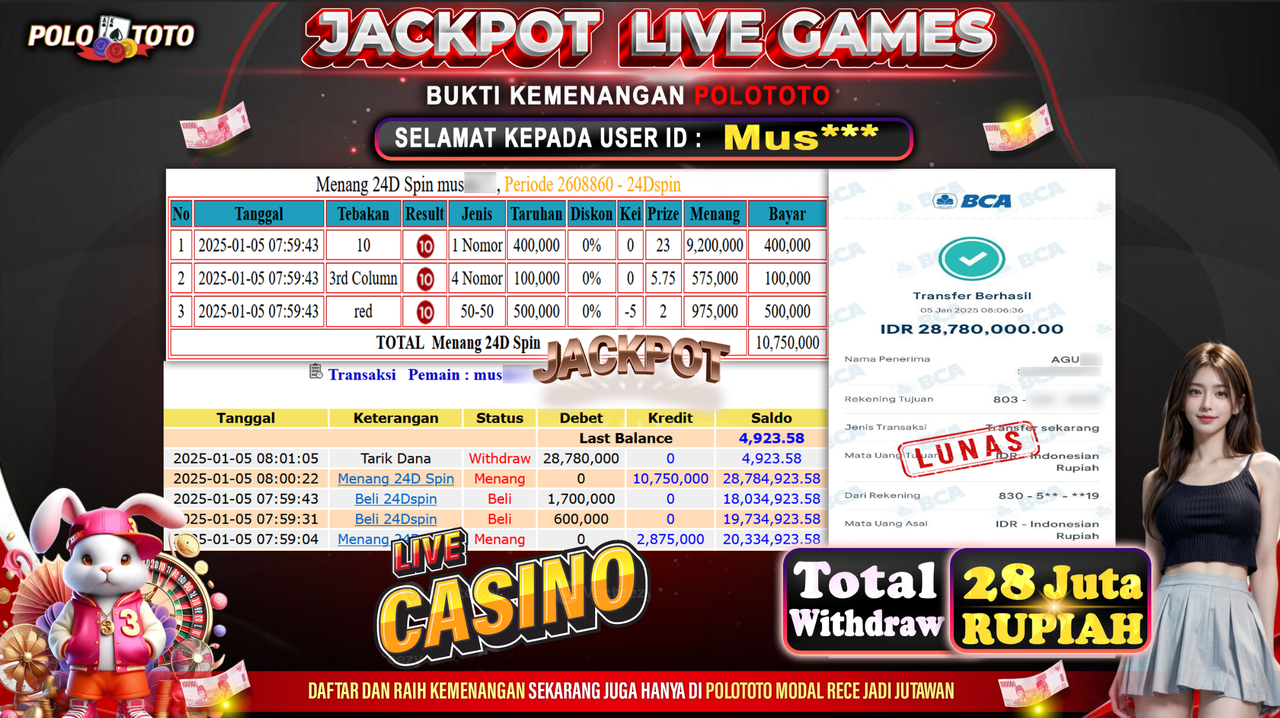 POLOTOTO JACKPOT LIVE GAMES 24DSPIN Rp.28,780.000,-
