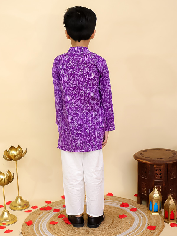 Cotton Leaf Printed Kurta Pyjama Set Full sleeves Kurta Pajama Set For Boys - Picture 13 of 27