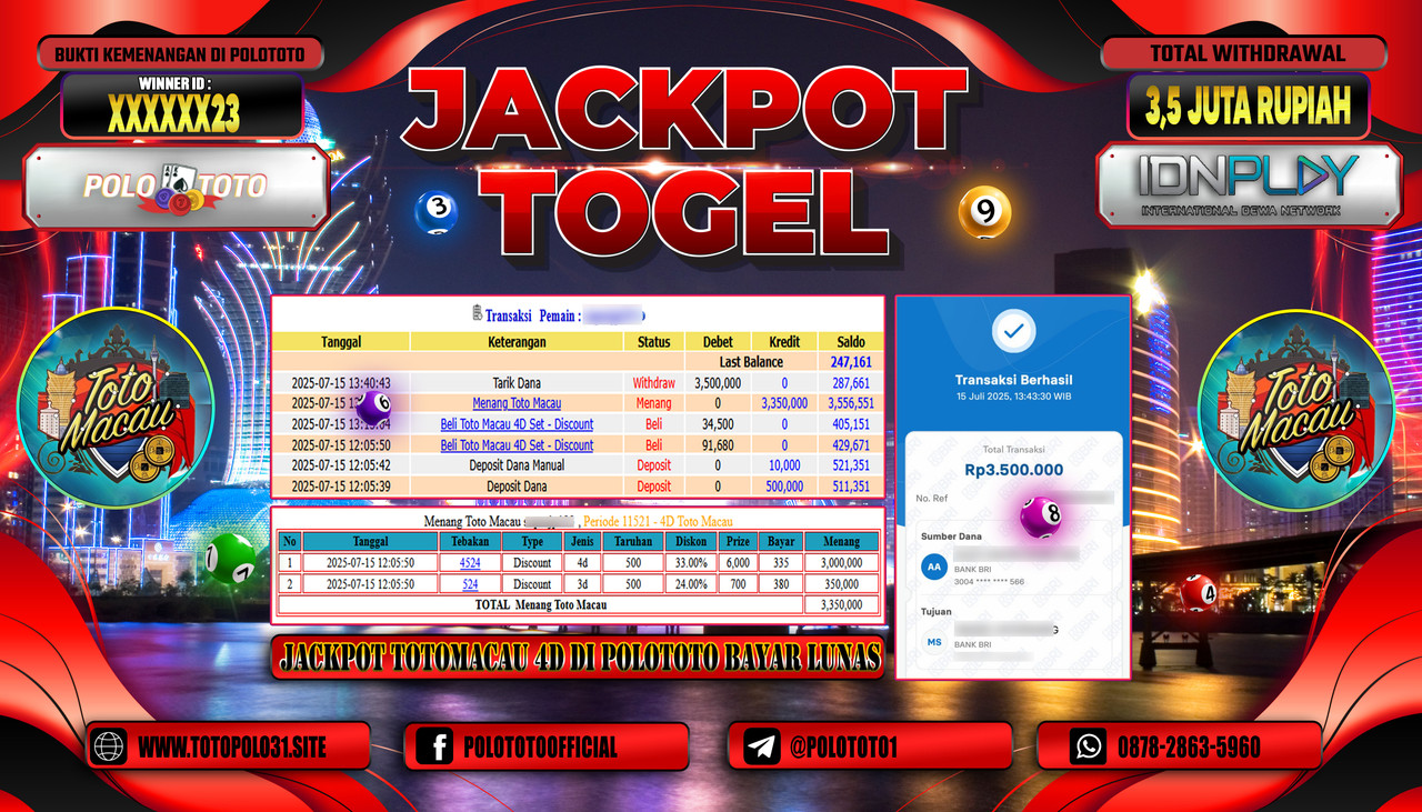 POLOTOTO JACKPOT TOGEL TOTO MACAU Rp.3.500.000,- LUNAS