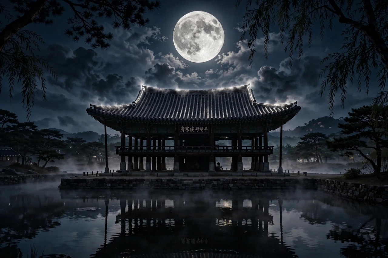 보름달 아래 광한루의 실루엣.