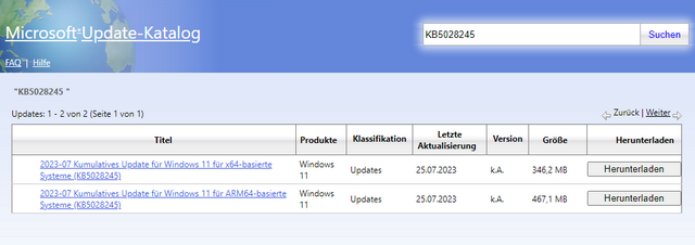 Microsoft Update Catalog update list