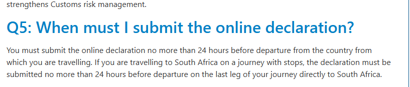 * P5: ¿Cuándo debo presentar la declaración en línea? * - Online Traveller Declaration Sudáfrica - Declaración de viajeros