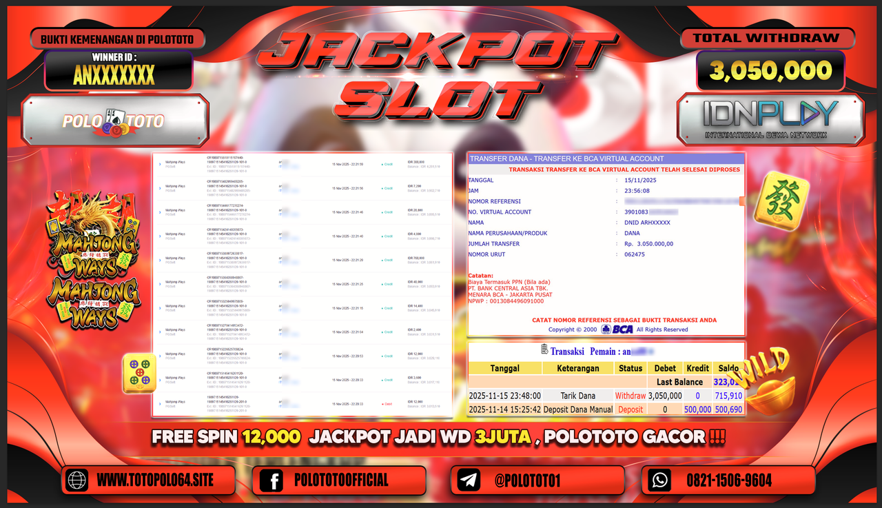 POLOTOTO JACKPOT SLOT MAHJONG WAYS Rp.3.050.000,- LUNAS