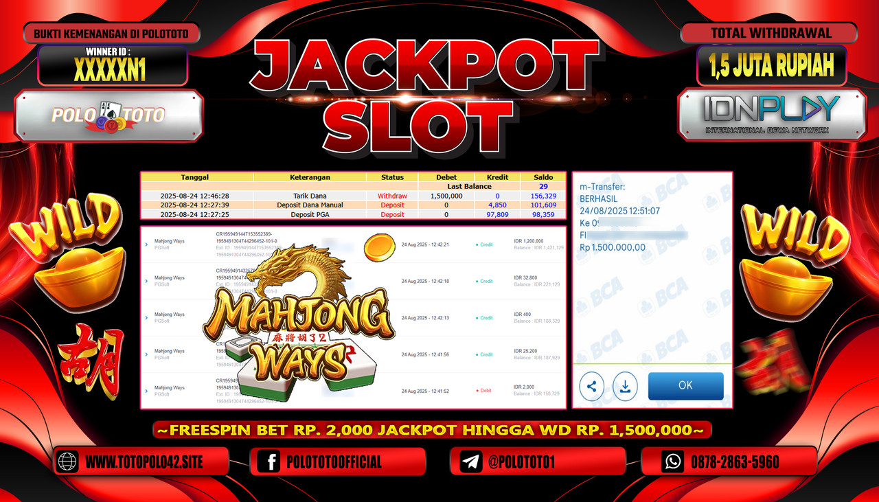 POLOTOTO JACKPOT SLOT MAHJONG WAYS Rp.1.500.000,- LUNAS