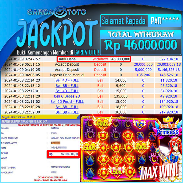 JACKPOT SLOT MAIN DI SLOT STARLIGHT PRINCESS WD Rp 46.000.000,- DIBAYAR LUNASS