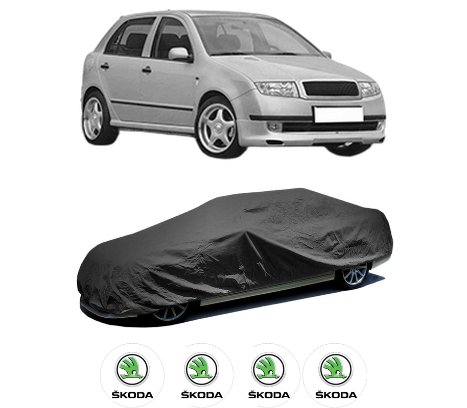 Husa tip prelata auto pentru SKODA FABIA I (6Y2) din 1999-2008, Culoare Negru, material textil impermeabil, rezistanta la intemperii praf UV, CARPASSION Husa Protectie, 4 Stickere auto cu SKODA
