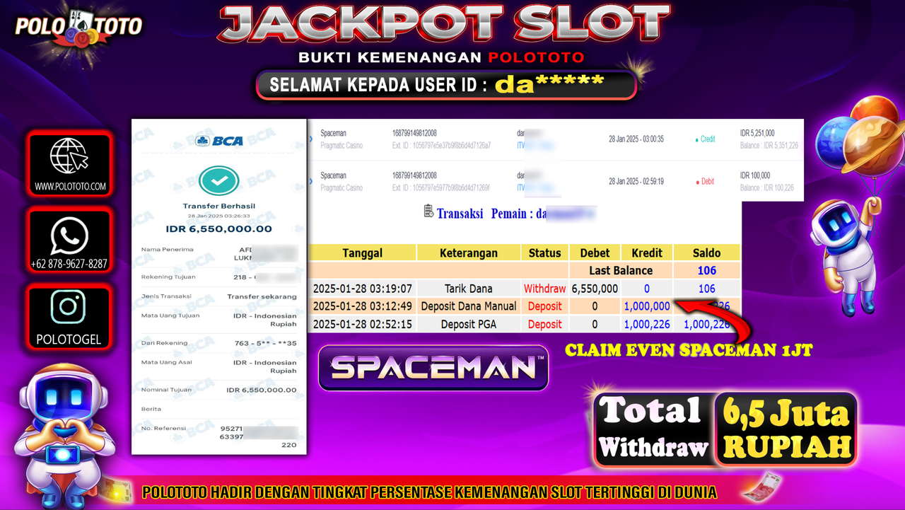 POLOTOTO JACKPOT SLOT SPACEMAN Rp.6,550.000,-