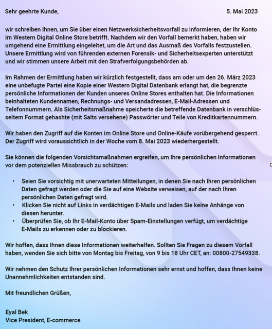 Western Digital Kundeninformation über Hack 2023