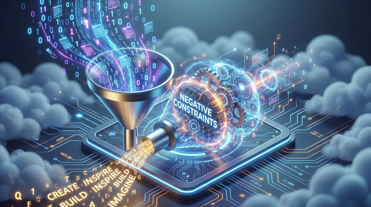 3D illustration of a funnel filtering binary code into clean golden letters labeled Negative Constraints