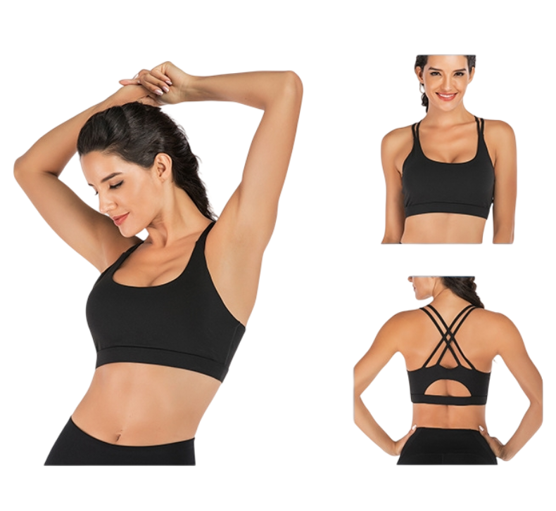 XXL Size Black Elegant Sexy Criss-Cross Back Sports Bra for Women - High Support & Anti-Shock, Wire-Free Yoga Crop Top with X-Shape Fine Strap