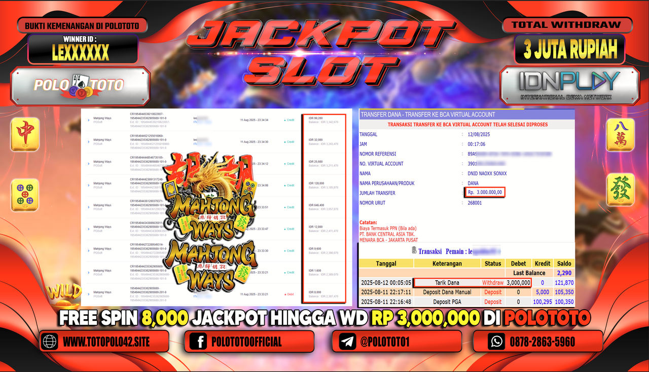 POLOTOTO JACKPOT SLOT MAHJONG WAYS Rp.3.000.000,-LUNAS