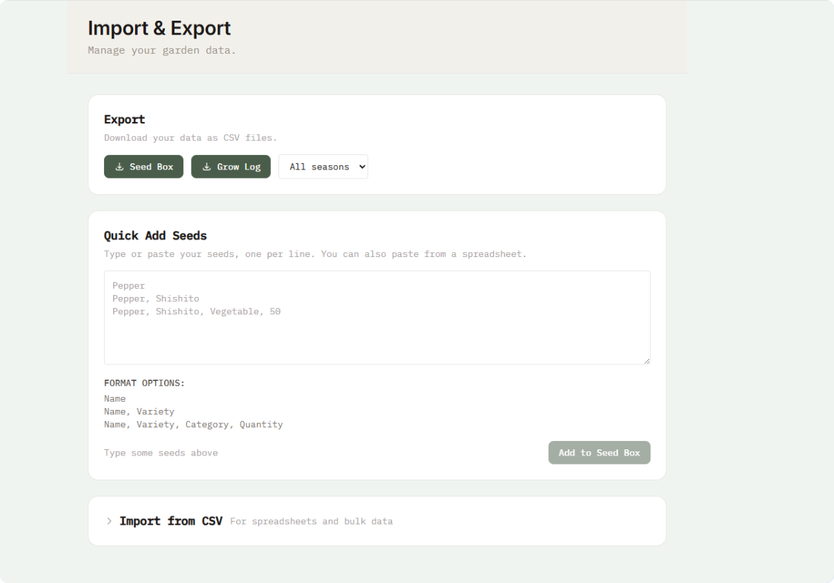 BeanSprout Import & Export — easily bring in your seed lists or export your data as CSV