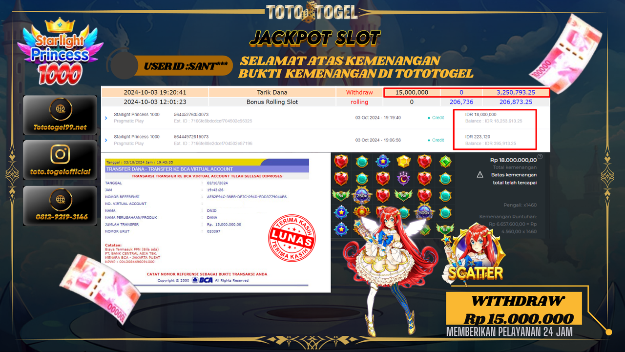 Bukti Kemenangan Permainan Slot Starlight Princess 1000  ID : SANT** Terbayar Lunas!!