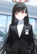 depth of field, 1girl, {rio (blue archive)}, {{{{{flat chest}}}}}, black suit, w s-4245958546