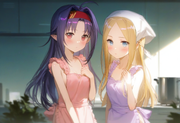 2girl, {{yuuki, sao}}, purple hair, red eyes, nude apron, {{abigail williams, fa s-1233986851