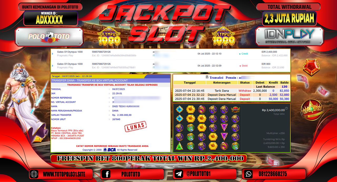 POLOTOTO JACKPOT SLOT GATES OF OLYMPUS 1000 Rp.2.300.000,-