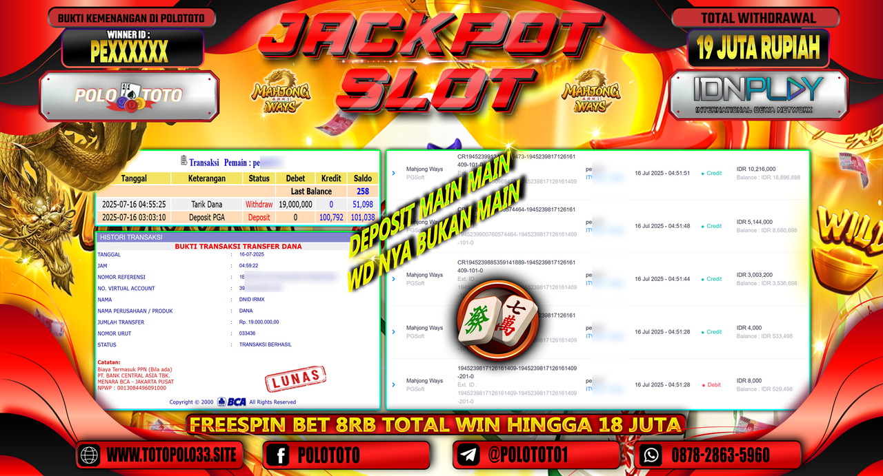 POLOTOTO JACKPOT SLOT MAHJONG WAYS Rp.19.000.000,-