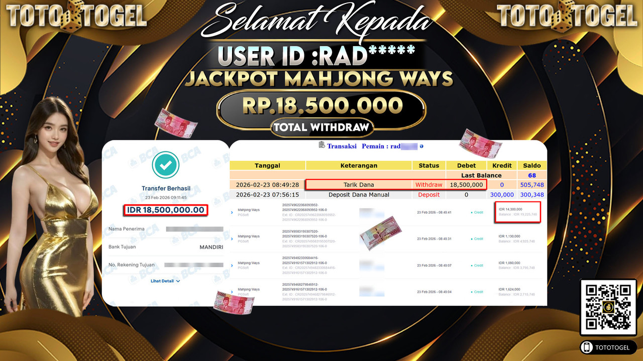 Bukti Pembayaran Jackpot Permainan Slot Mahjong Ways ID:RAD*****LUNAS