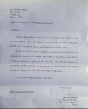 Surat yang ditulis Khalida Begum untuk mendonasikan tabungan hajinya bagi orang yang terdampak COVID-19.