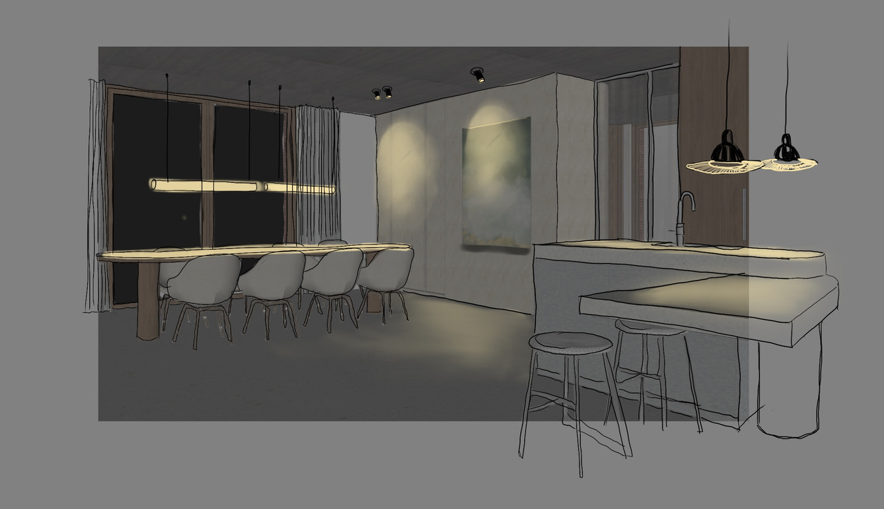 Living room in a single-family home with high-quality lighting design for comfort, wall surfaces, and evening ambiance