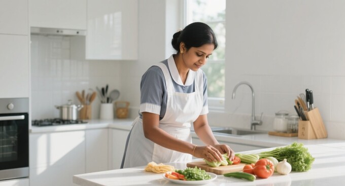 خادمة منزلية تحضر الطعام