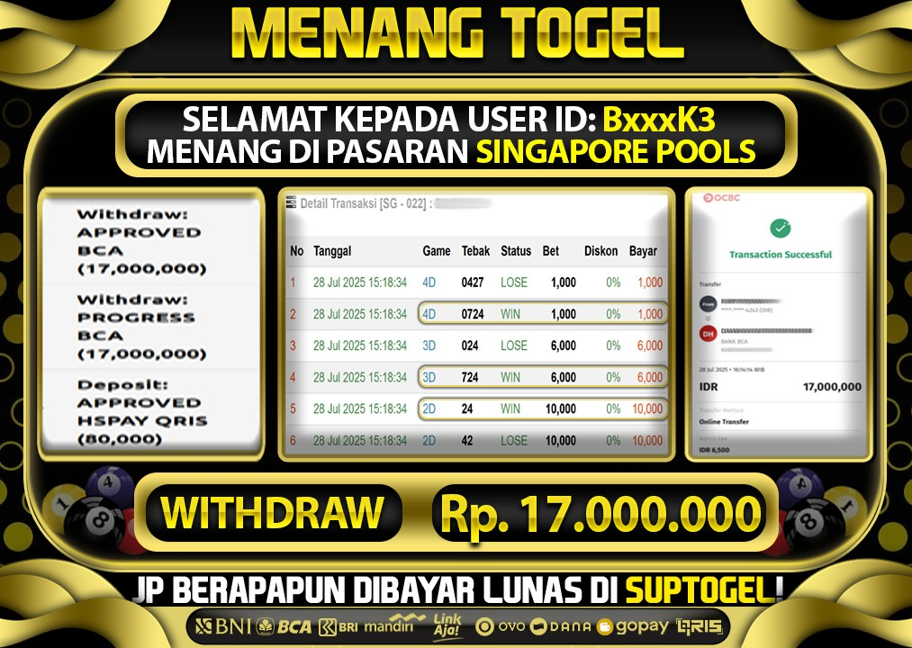 BUKTI KEMENANGAN 28 JULY 2025 MENANG DI PASARAN SINGAPORE  TOTAL WD 17 JUTA