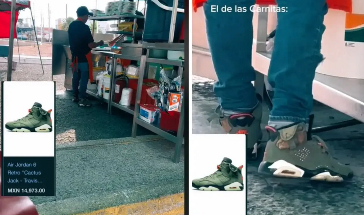 Taquero de carnitas es captado utilizando tenis de 15 mil pesos: video viral