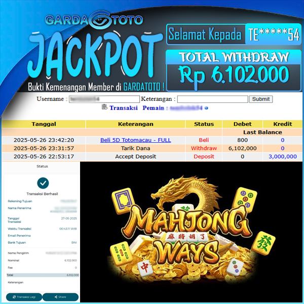 JACKPOT SLOT MAIN DI SLOT  MAHJONG WAYS WD Rp 6.102.000,- DIBAYAR LUNAS GARDATOTO MANTAP !