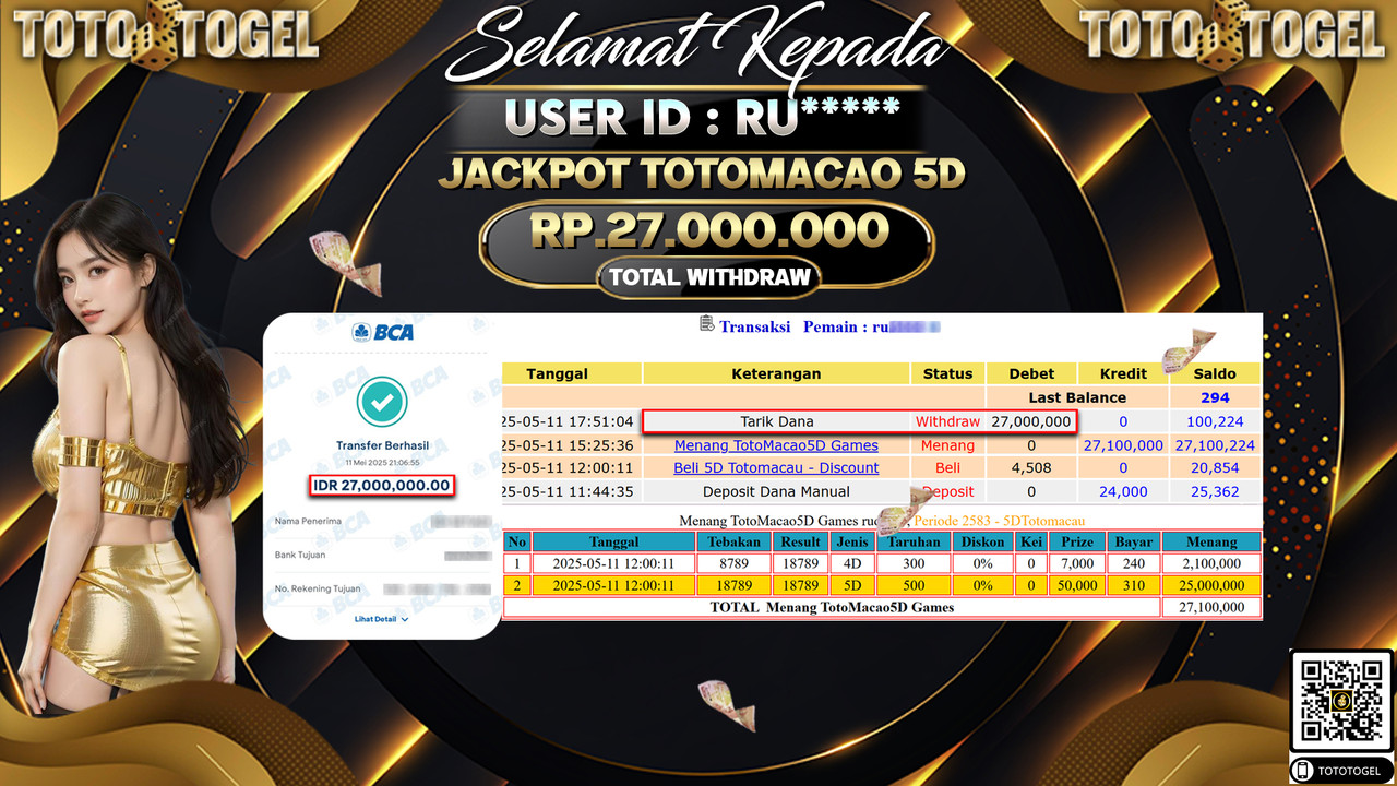 Bukti Pembayaran Jackpot  Permainan Togel TotoMacao 5D ID:RU***** LUNAS