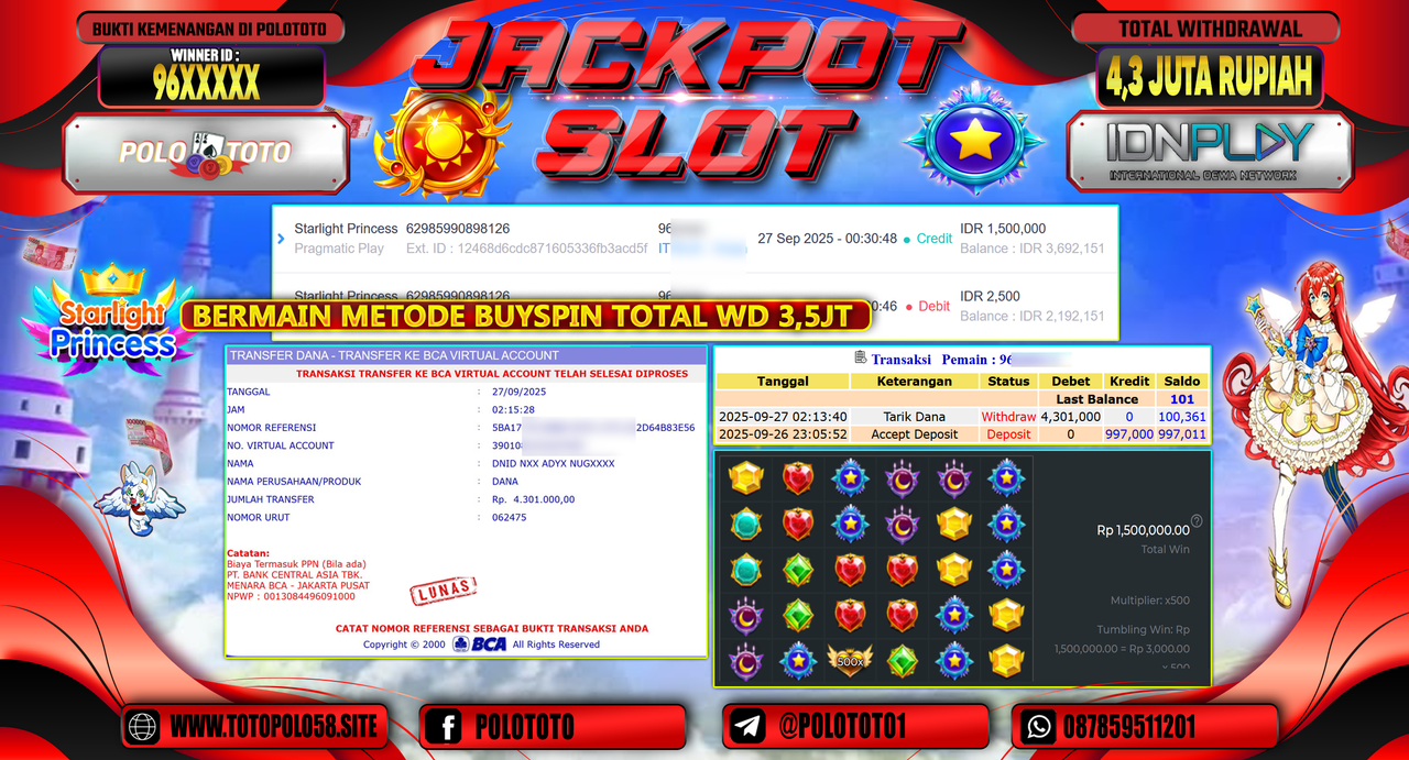 POLOTOTO JACKPOT SLOT STARLIGHT PRINCESS Rp.4.300.000,- LUNAS
