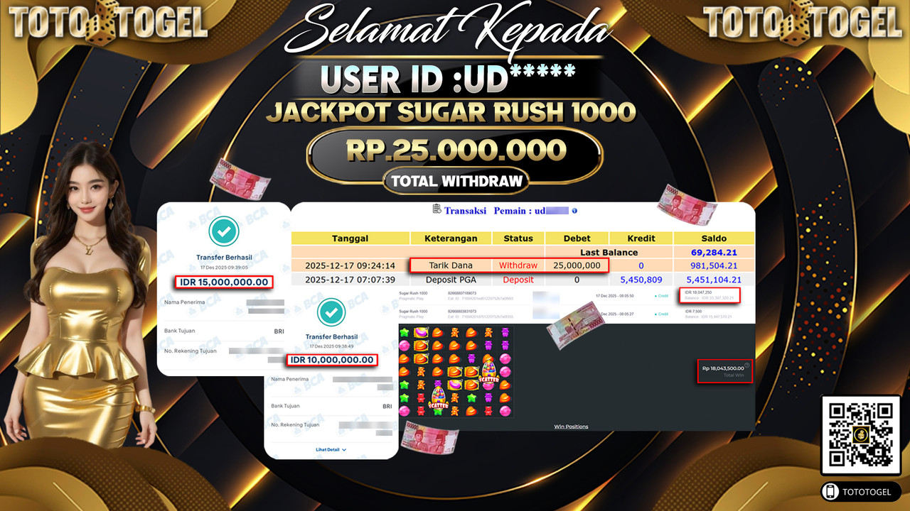 Bukti Pembayaran Jackpot Permainan Slot Sugar Rush 1000 ID:UD***** LUNAS