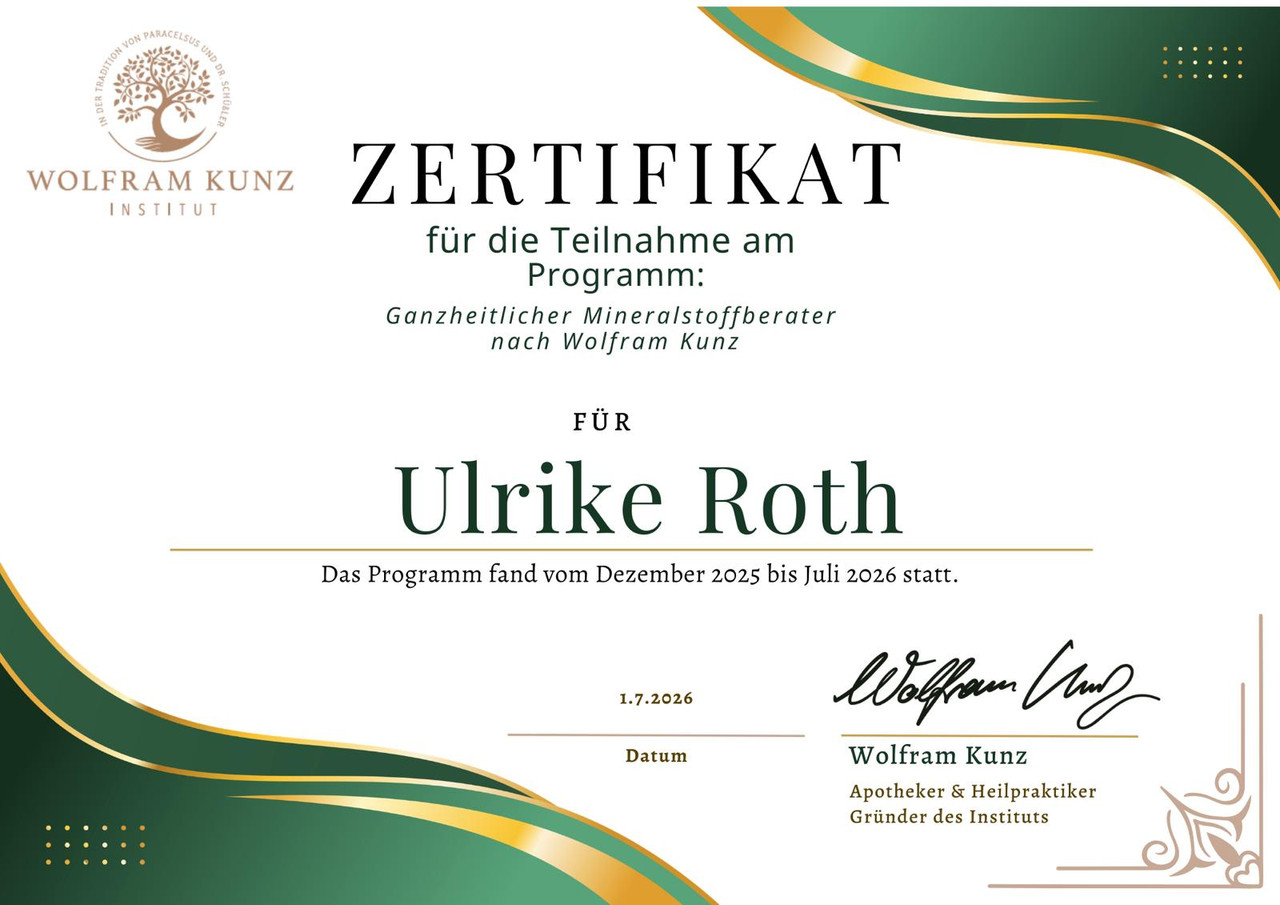 Zertifikat Ganzheitliche Mineralstoffberaterin nach Wolfram Kunz