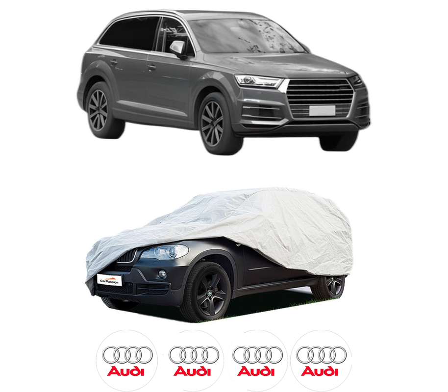Husa tip prelata auto pentru AUDI Q7 Van (4MB, 4MG) din 2015-2019, Culoare Gri, material textil impermeabil, rezistanta la intemperii praf UV, CARPASSION Husa Protectie, 4 Stickere auto cu AUDI