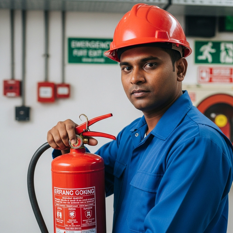 Two certified fire safety engineers checking systems with a tablet
