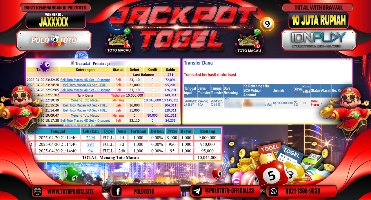 POLOTOTO JACKPOT TOGEL TOTOMACAU 4D Rp.10.000.000,-