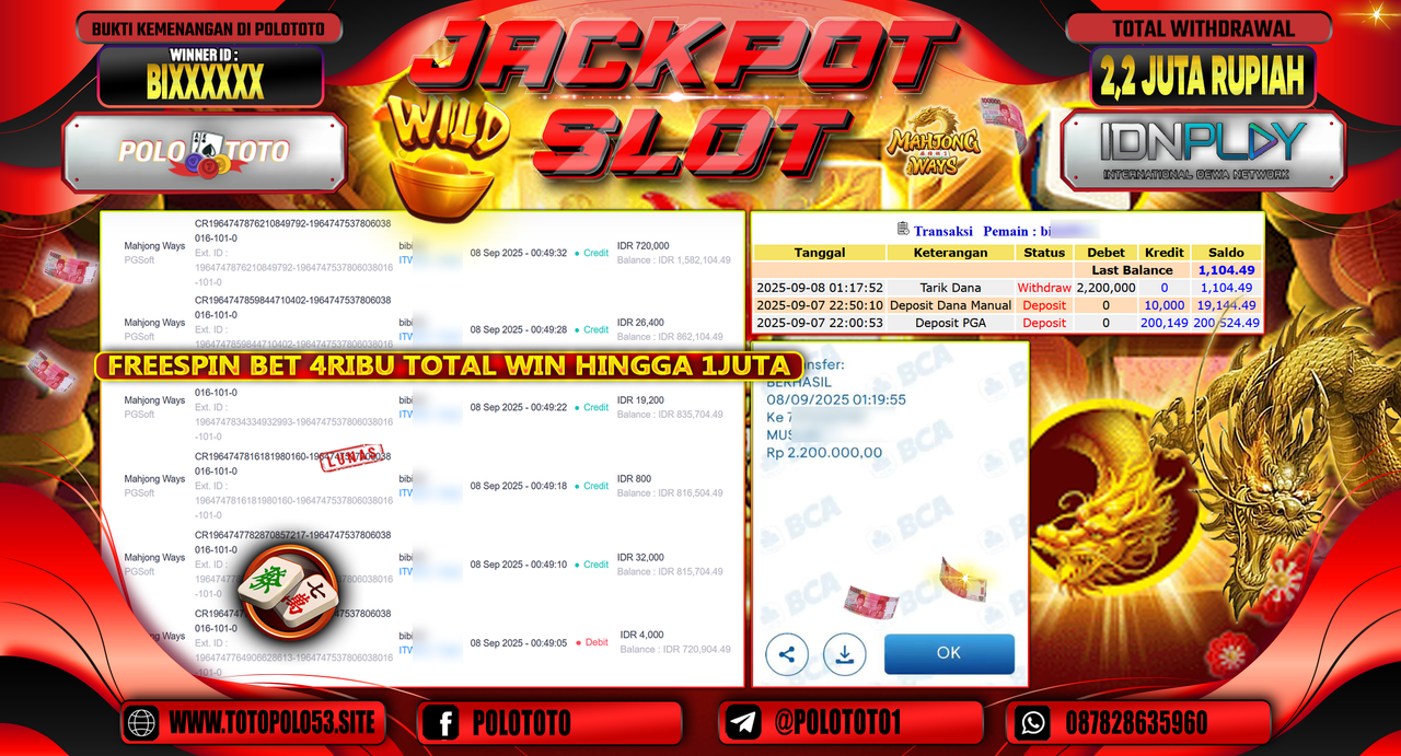 POLOTOTO JACKPOT SLOT MAHJONG WAYS Rp.2.200.000,-