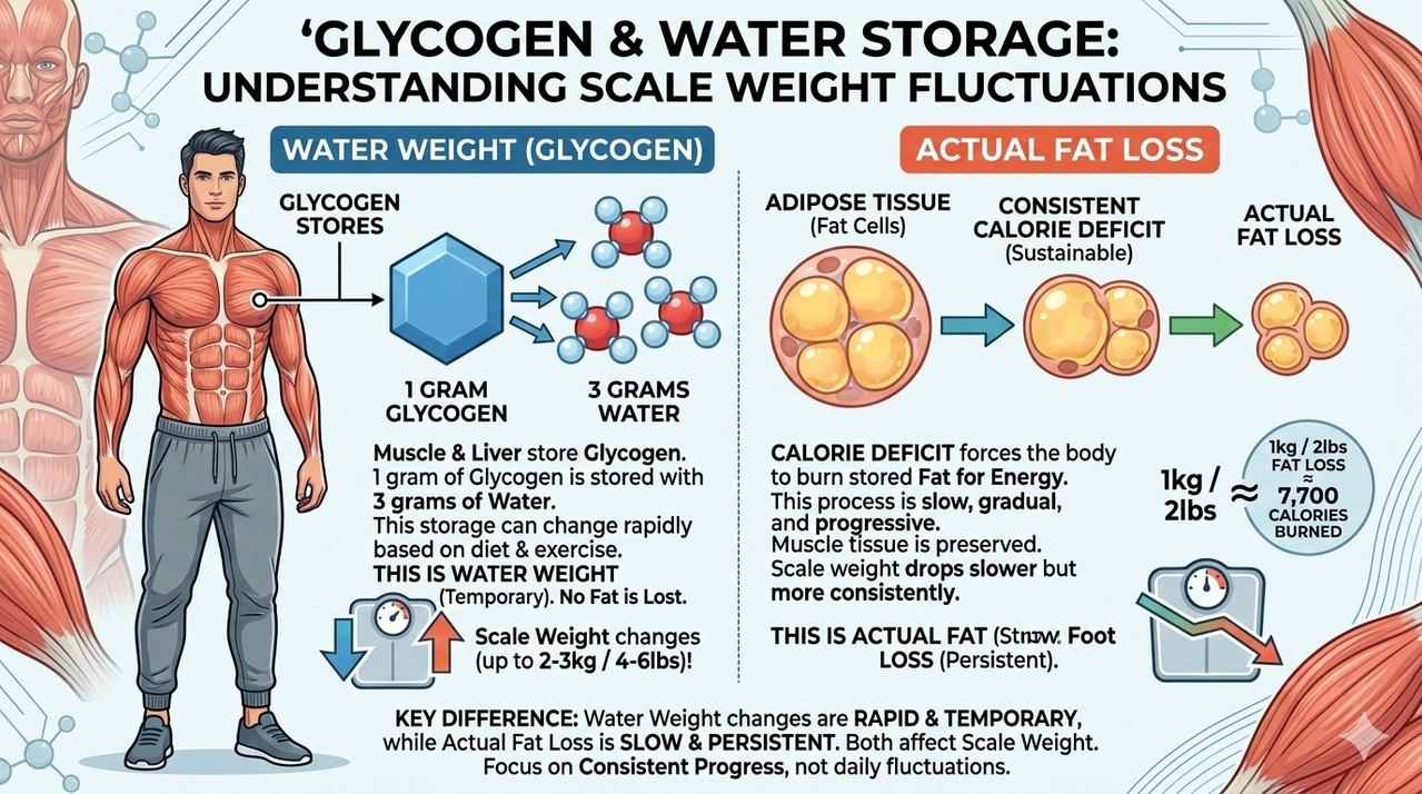 Diagram showing glycogen storage and 3:1 water ratio explaining difference between water weight and actual fat loss
