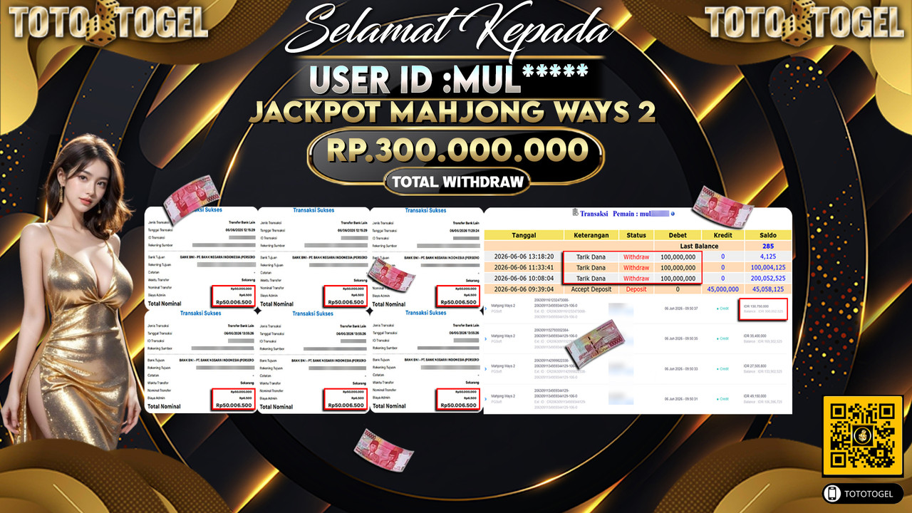 Bukti Pembayaran Jackpot Permainan Slot Mahjong Ways 2 ID:MUL*****LUNAS