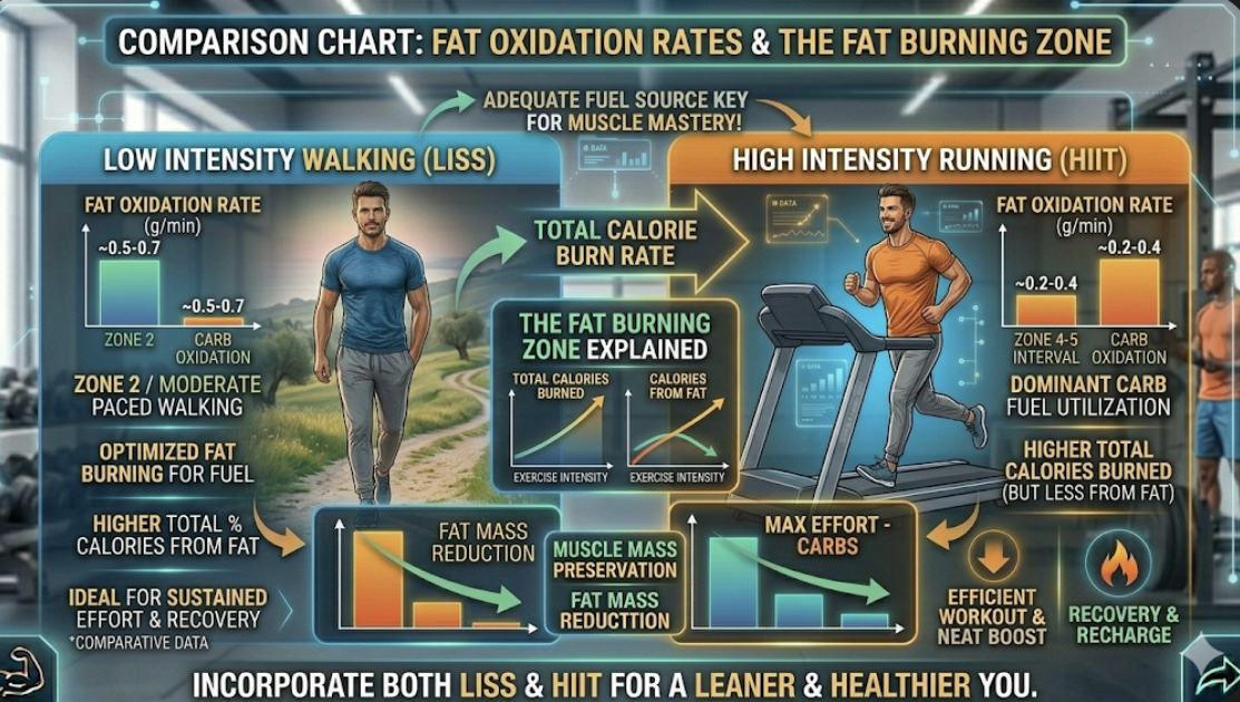 Comparison chart showing fat oxidation rates during low intensity walking vs high intensity running in fat burning zone