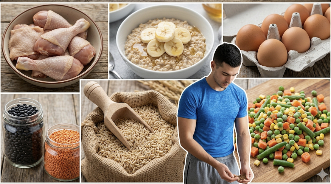 Collage of affordable healthy staples: eggs, oats, rice, beans, lentils, frozen vegetables, chicken thighs, representing cheap healthy diet plan