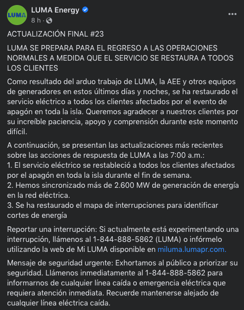 Energía restablecida en Puerto Rico casi 5 días después del apagón