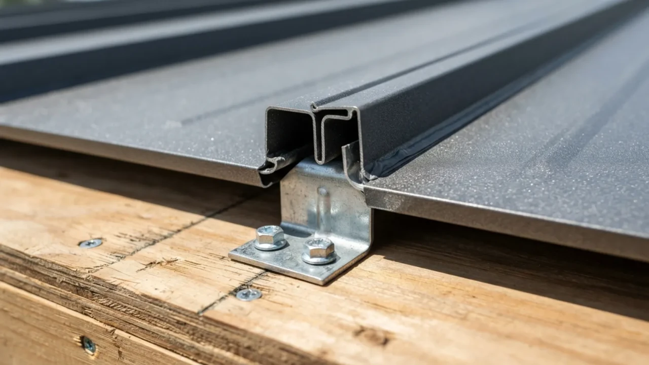 Close-up of standing seam metal roof panel and concealed clip system showing wind resistance design